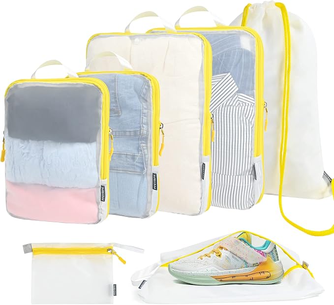 PFEYRPK Lightweight Compression Packing Cubes for Suitcases, Compressible Expandable Travel Packing Organizer with Clear Toiletries and Backpack Bag, Travel Essentials for Carry on Luggage 7 Set by PFEYRPK