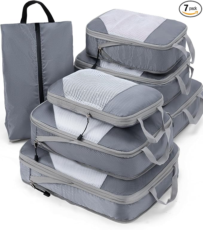 Meowoo 7 Set Compression Packing Cubes for Travel, Durable Ripstop Mesh Suitcase Organizer with Shoe Bag, Ultralight & Expandable Space Saver Travel Cubes by Meowoo