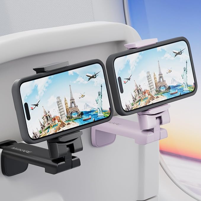 MiiKARE 2PCS Airplane Phone Holder, Plane Travel Essentials, Black & Purple | Universal Hands-free Phone Holer with 360° Rotation for Flying, Accessory Travel Must Haves Phone Stand for Desk, Tray Table by MiiKARE