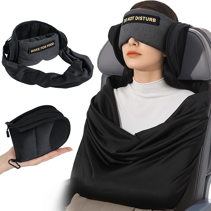 Travel Pillow and Blanket Set, Compact Airplane Pillow Bag with Eye Mask for Long Flights Sleeping, 360° Support Head Strap Travel Essentials for Plane Car Sleep Neck Upright, Stop Head Drop(Grey) by ARLIKSI