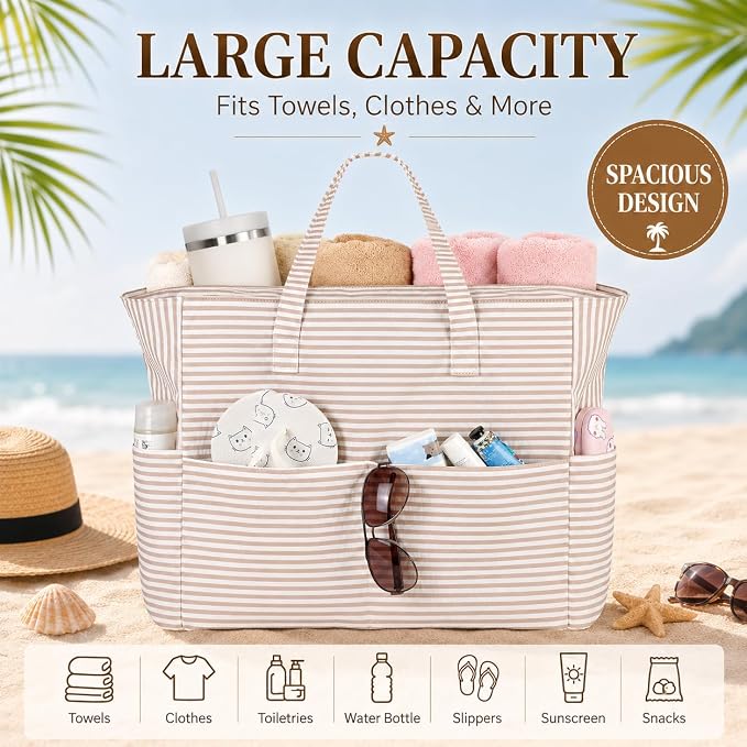 LEDAOU Large Beach Bag for Women, Waterproof Sandproof Tote Bag with Zipper | 36L Pool and Swim bag with Zipper, Wet/Dry pocket and 7 Pockets for Beach Days, Cruises, Vacations and Family travel - Image 6