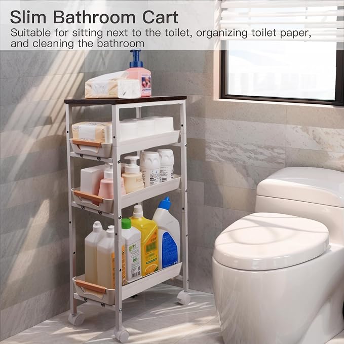 5 Tier Slim Storage Cart Metal Gap Filler with Wood Top White | Slim rolling cart fits 8" laundry gaps. Features a solid wood top for heavy detergents and breathable PP mesh drawers - Image 6