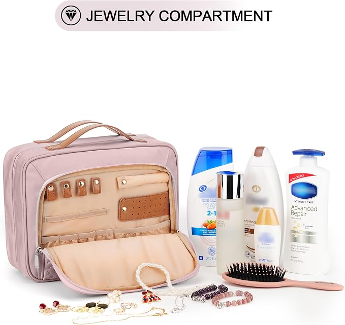 Travel Hanging Toiletry Bag for Women, Extra Large Makeup Bag, Holds Full-Size Shampoo, with Jewelry Organizer Compartment, Waterproof Cosmetic Bag, Toiletries Kit Set with Trolley Belt, Baby Pink - Image 3