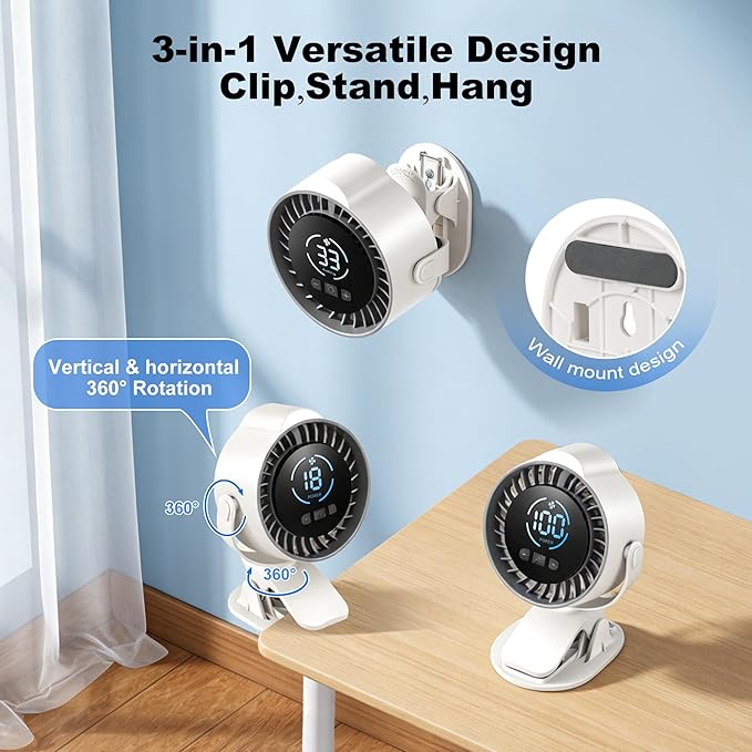 Clip On Rechargeable Fan with LED Light 100 Speed (Need Long Press), 720° Adjustment, Small Protable Desk Fan Quiet Clamp Base 12H Battery, 7 Blades for Dorm Bedroom Travel Camping - Image 6