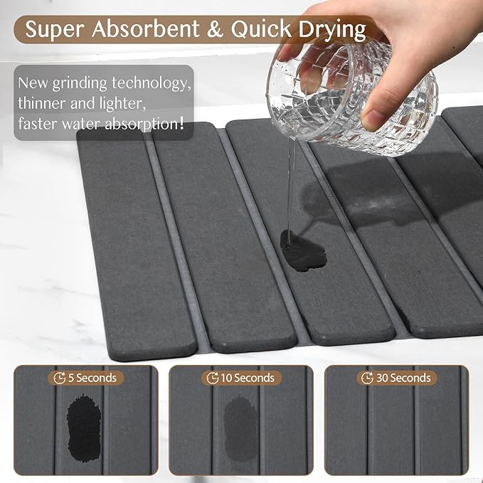 Large Stone Dish Drying Mat for Kitchen Counter, Thin & Light Quick Dry Stone Bath Mat, Foldable Water Absorbing Diatomite Drying Pad for Kitchen Bathroom Sink Countertop (Pure Gray 24"×16" & 8"x4") - Image 3