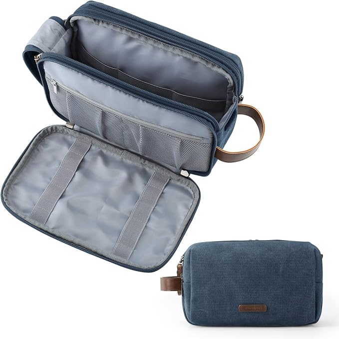 BAGSMART Toiletry Bag for Men, Canvas Travel Toiletry Organizer Dopp Kit Water-resistant Shaving Bag for Toiletries Accessories,Navy Blue-Large by BAGSMART