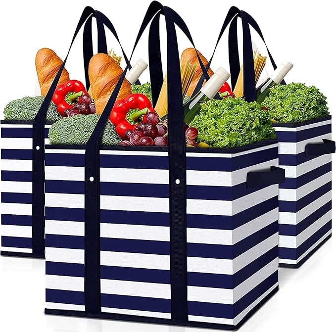 Reusable Grocery Bags 3 Pack, Foldable & Water Resistant Shopping Bags | Large Grocery Tote Bag Water Resistant Shopping Bags Foldable Grocery Bag for Clothes,Shoes and Picnic by WiseLife