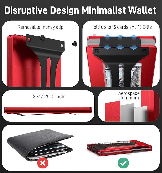 Minimalist Wallet for Men, Slim Metal RFID Blocking Wallet Credit Card Holder Money Clip & Cash Strap, Scratch-Resistant Holds 15 Cards,Ideal Gift for Men | Matt Red - Image 4