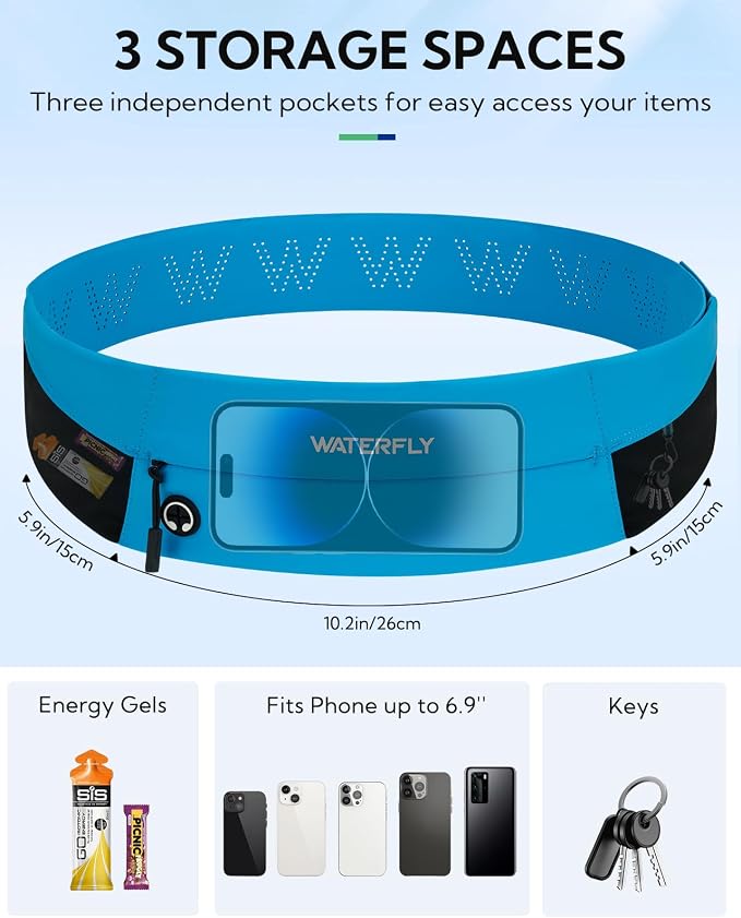 WATERFLY Running Belt Fanny Pack: Slim Lightweight Waist Bag for Runners | Trim-to-Size Hook & Loop Fit 24"-47", Workout Phone Holder, 3 Pockets, Reflective Strip, Fitness Jogging Exercise, Women, Men - Image 4