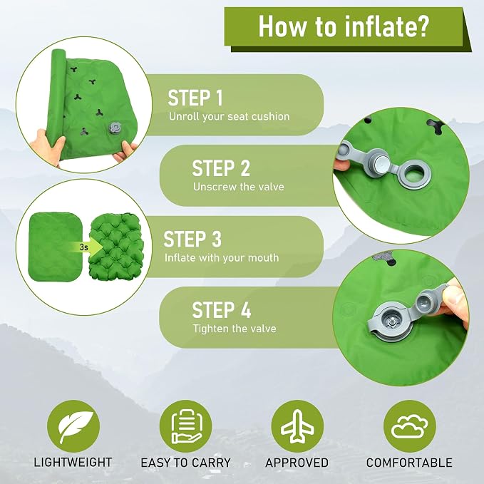 Inflatable Seat Cushion, Lightweight Stadium Seat Pad, Travel Air seat Cushion Anti-Slip for Airplane, Long Flights, Hiking, Climbing, Home and Camping, Compact Air Cushion,Green - Image 4