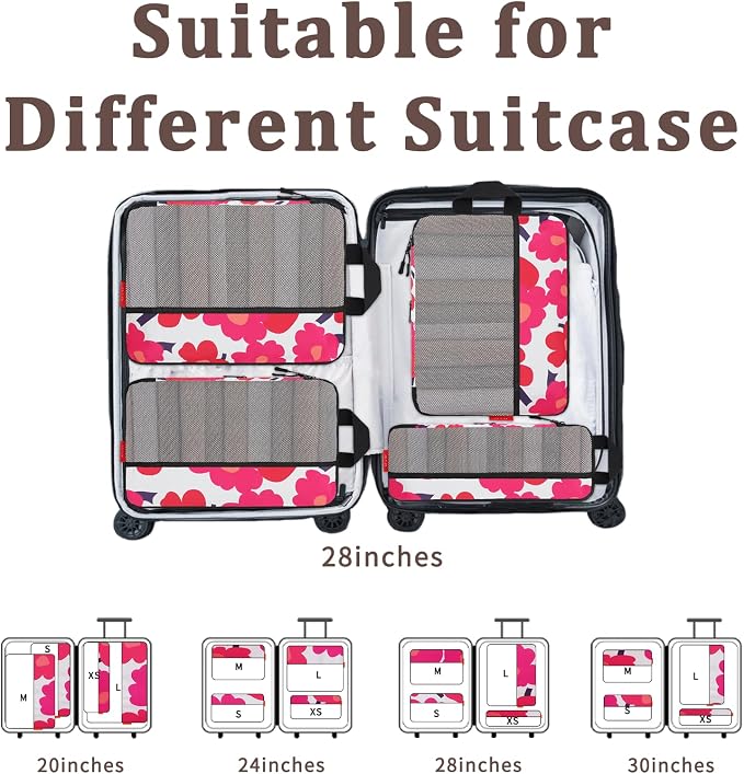 U+U 4 Set Compression Packing Cubes, Travel Organizers (Red Flower) | Space-Saving & Lightweight Travel - Image 6