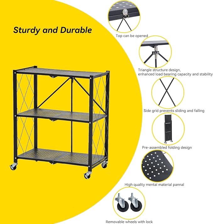BRIAN & DANY 3-Tier Foldable Storage Shelves with Wheels, No Assembly Folding Shelf Metal Rack, Shelving Unit for Kitchen, Garage, Black - Image 4