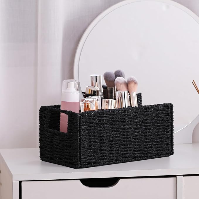 Wicker Storage Basket, Set of 2 Black Wicker Baskets for Bathroom | Hand-Woven Wicker Small Storage Baskets for Organizing Toilet Paper, Foldable Large Cube Storage Organizer Bin for Shelves - Image 5