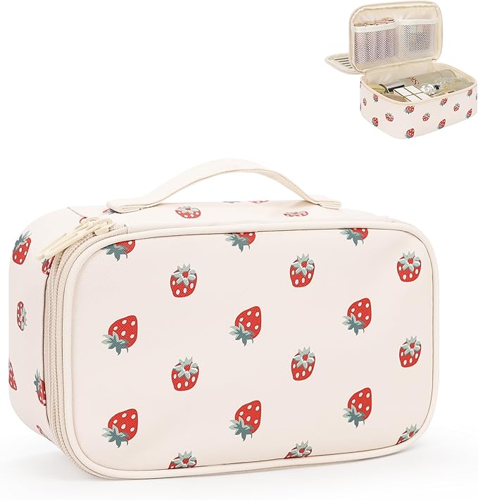 Relavel Small Makeup Bag, 2 Layers Make Up Bag for Women Girls | Travel Cosmetic Bag with Handle, Makeup Organizer Storage with 3 Brush Holders, White Straberry by Relavel