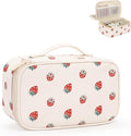 Relavel Small Makeup Bag, 2 Layers Make Up Bag for Women Girls | Travel Cosmetic Bag with Handle, Makeup Organizer Storage with 3 Brush Holders, White Straberry by Relavel