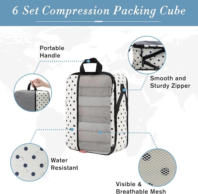 U+U 6 Set Compression Packing Cubes, Travel Organizers (Polka Dot) | Space-Saving & Drawstring Bag Included - Image 2