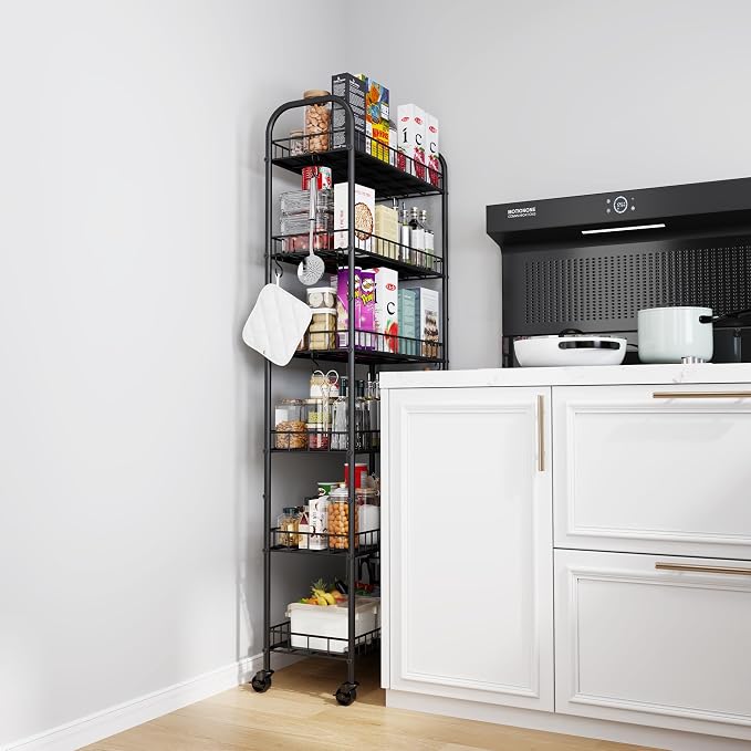6 Tier Slim Storage Cart with Wheels, Metal Mobile Shelving Unit Organizer Utility Cart for Office Bathroom Kitchen Laundry Room Narrow Places (10inches) - Image 2
