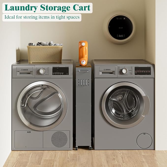 XYZLVSI Slim Storage Cart, Narrow Kitchen Rolling Cart for Small Spaces | 5.9" W skinny storage cart, 12.4" bottom metal utility cart with 360° swivel wheels for bathroom/laundry, slim shelf, Gray - Image 2