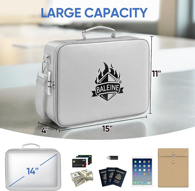 BALEINE Fireproof Document Box with Lock, Portable Fireproof Document Bag Waterproof Fire Proof File Boxes for Documents, File Organizer Box for Important Paperwork (Silver, 15''x11''x4'') - Image 3