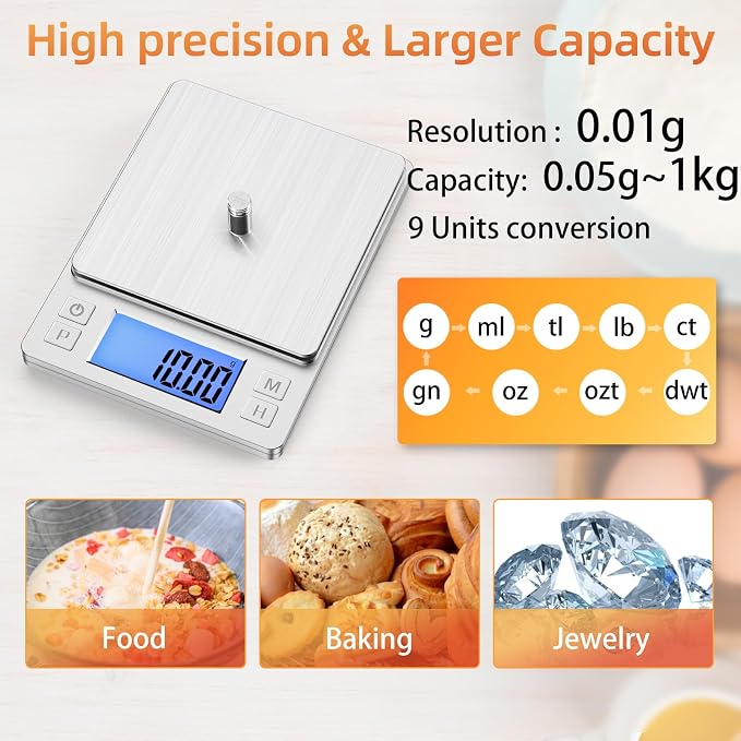BOMATA 0.01g Small Digital Gram Scale, Upgraded 1kg Jewelry Scale | USB Rechargeable, Larger Display, Hold Function, High Precision, Grams and Ounces for Herb, Coin,Powder,Yeast, Kitchen Sliver - Image 2
