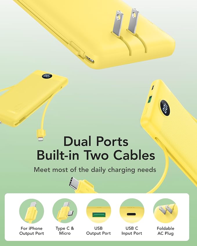 VRURC 10000mAh Power Bank, 22.5W USB C Portable Charger, Yellow | Built-in AC wall plug and cables, LED display, airline approved, slim 8 oz design - Image 2
