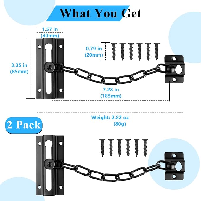 INBOF 2 Pack Door Chain Lock Black, Stainless Steel Chain Locks for Inside Door, Premium Thickened with 12 Screws - Image 4
