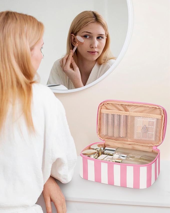 Relavel Travel Makeup Bag, Small Cosmetic Bag with Brush Compartment | Portable Makeup Pouch for Women, Double Layer Makeup Organizer Bag Cute Toiletry Bag, Wide Strip - Image 4
