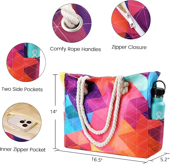 Clothirily Beach Bag for Women, Large Beach Tote Bag Waterproof with Zipper | Large Capacity Swim Pool Bag, Inner Pockets, Sandproof Foldable Beach Tote for Travel Essentials - Image 2