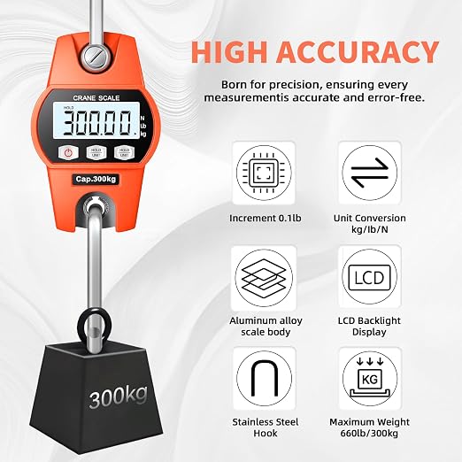 Hanging Scale 660lb/300kg - High-Accuracy Crane Scale with Aluminum Frame and LCD Display. Functions as Fishing Scale and Luggage Scale. for Farm, Hunting, Fitness, and Travel Weighing - Image 2
