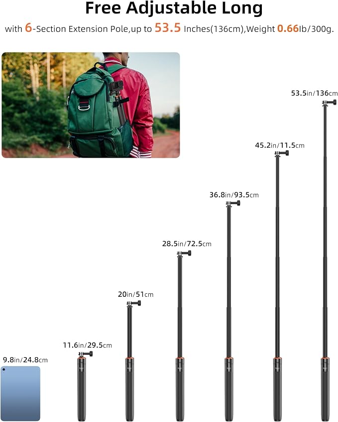 53" Osmo Action Selfie Stick Tripod for DJI Action 5 Pro/4/3, Extendable Handle Grip w Magnetic Quick-Release Adapter Mount, Extension Rod/Standing Stand/Accessories for Travel Vlogging Video Shooting - Image 5