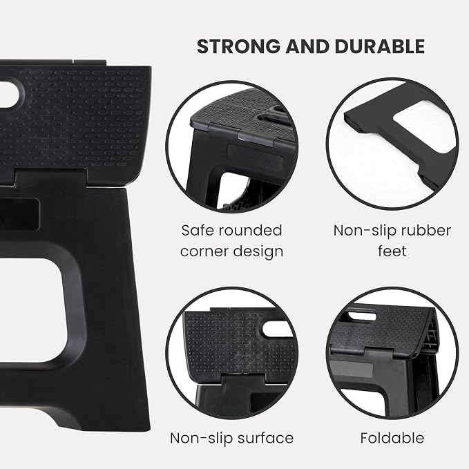 Vigar Compact Folding Step Stool, 9 in, Black, Up to 330 lb | Foldable for Adults, Lightweight Portable Stool, With Handle, Non-Slip Surface, Space-Saving Design for Household Use - Image 4
