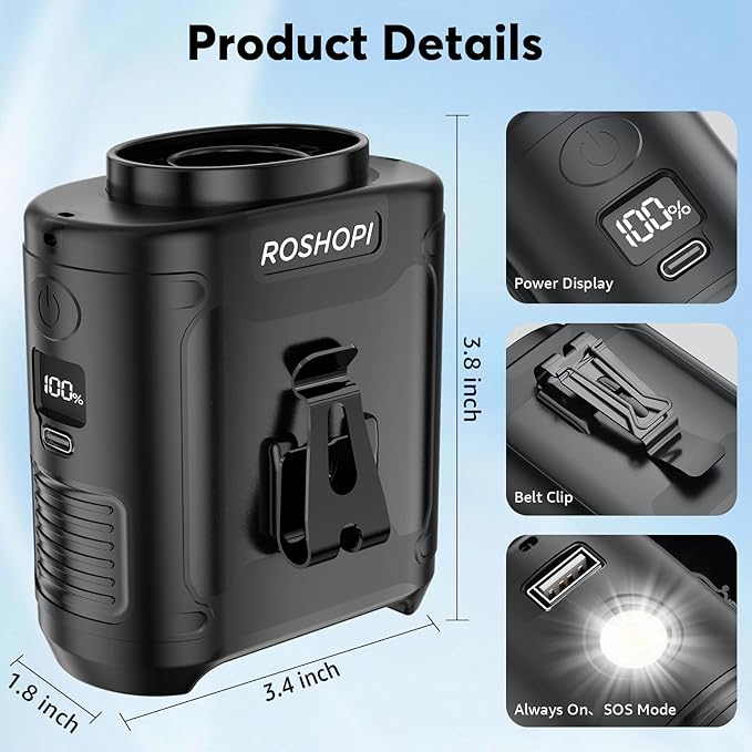 AI Portable Fan Rechargeable -10000mAh, 40H Work Time with 5 Speeds 16000RPM Strong Airflow, Personal Waist Fan with LED Light for Clip On Belt, Neck, Desk, Outdoor Indoor Jobsite Camping Travel - Image 5