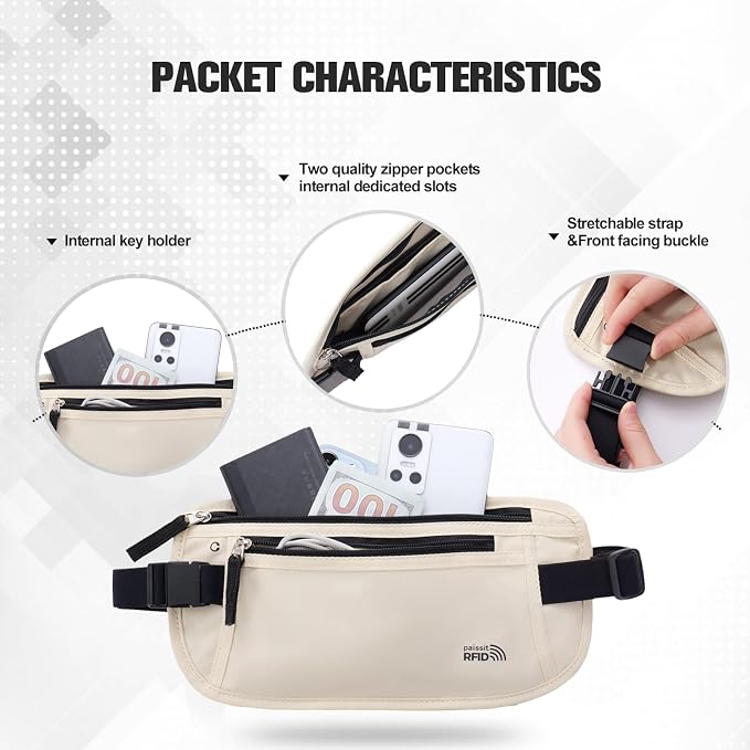 Unisex Money Belt For Men and Women, Slim Passport Holder RFID Blocking Travel Essentials Bags with Adjustable Strap Small Waist Pouch for Workout Running Travelling Hiking, Cream White - Image 4