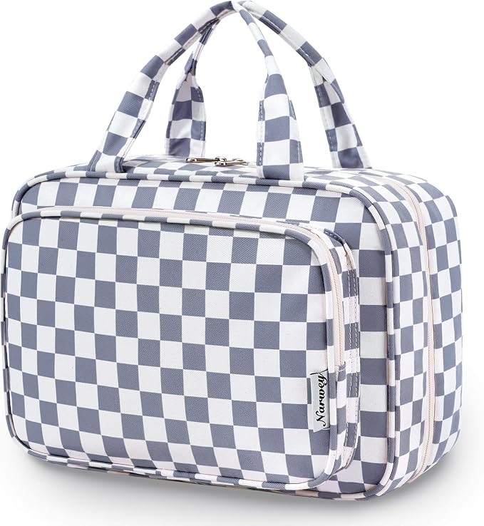 Narwey Travel Toiletry Bag for Women Large Hanging Makeup Bag Organizer Toiletries Bag for Full Size Essentials Accessories Cosmetics (Grayish Blue Checkerboard (Large)) by Narwey
