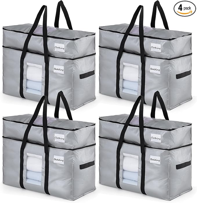 TAILI 2 Tier Moving Bags,4 Pack Silver Storage Bags with Visible Window | XXL Heavy Duty Totes For Home Storage,Wrap Around Handles,Storage Bags for College Dorm, Alternative to Moving Boxes by TAILI