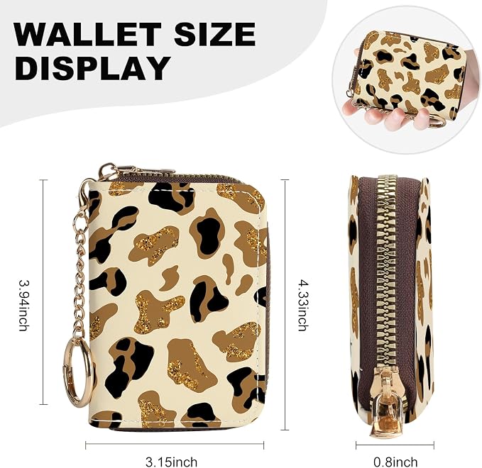 Credit Card Holder for Women,Small Rfid Wallet with Keychain Zipper,Cute PU Leather Card Case Wallet，Accordion Credit Card Wallets Gift,Brown Leopard Print - Image 3