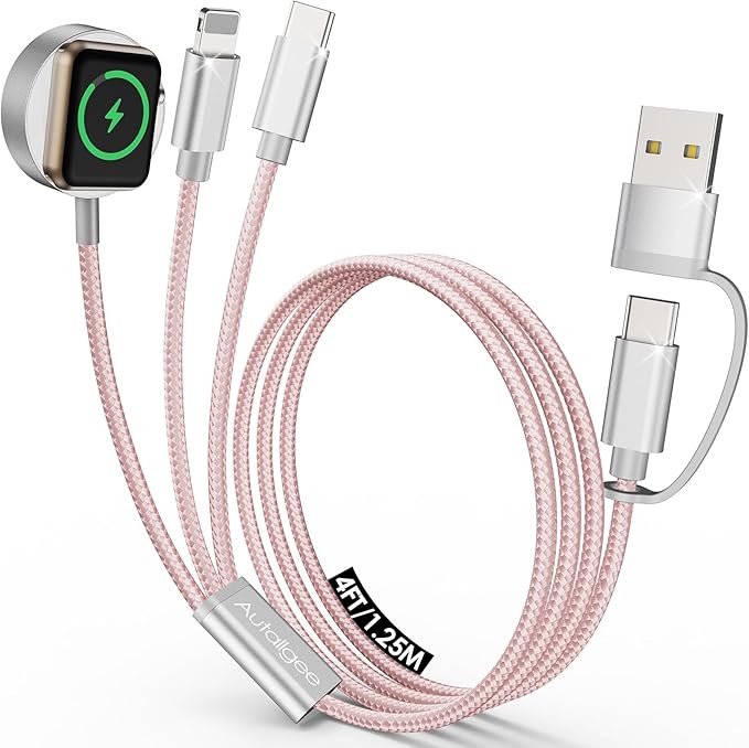Travel Essentials,Multi Charging Cable for Apple Watch iPhone Charger Pink | 4FT for Airplane Gadgets RV Essentials for iWatch Ultra/10-2/iPhone 17-11/Samsung S25-S20,airPods,Car by Autallgee