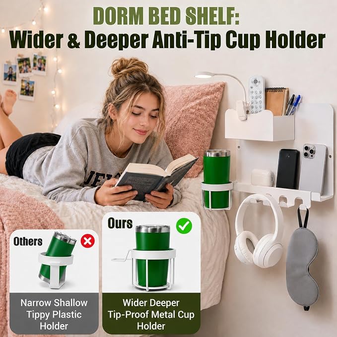 Floating Bedside Wall Shelf, Metal Bedside Wall Organizer with Detachable Cup Holder, No Drill Wall Mounted Storage for Bedroom, Dorm, Loft Bed, Bunk Bed & Small Space Organization - Image 4