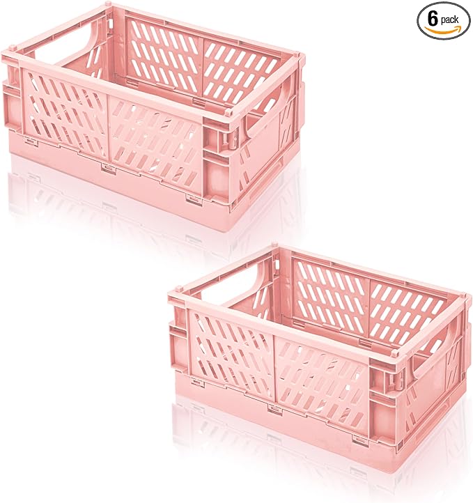 2 Pack Mini Foldable Small Plastic Baskets for Organizing and Storage，Collapsible Storage Crates,Mini Bins for Home Kitchen Bedroom Bathroom Office (Pink, Large 10x6.5x4) by Daixers