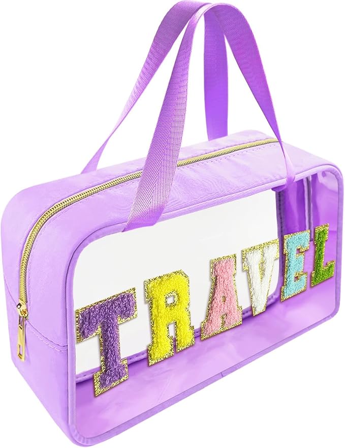 Bunliuys Chenille Letter Clear Makeup Bag Travel Patch, Travel Toiletry Makeup Bag with Handle, Nylon Waterproof Makeup Bags clear cosmetic bag, preppy patch makeup bag for Women (TRAVEL-Violet) by Bunliuys