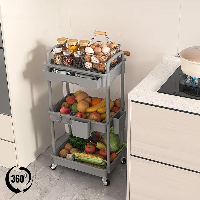 3 Tier Rolling Utility Cart with Drawer, Plastic Storage Organizer Rolling Carts with Wheels Handles Hanging Cups Hooks for Office, Bathroom, Kitchen,Craft Art Room (Grey) - Image 4