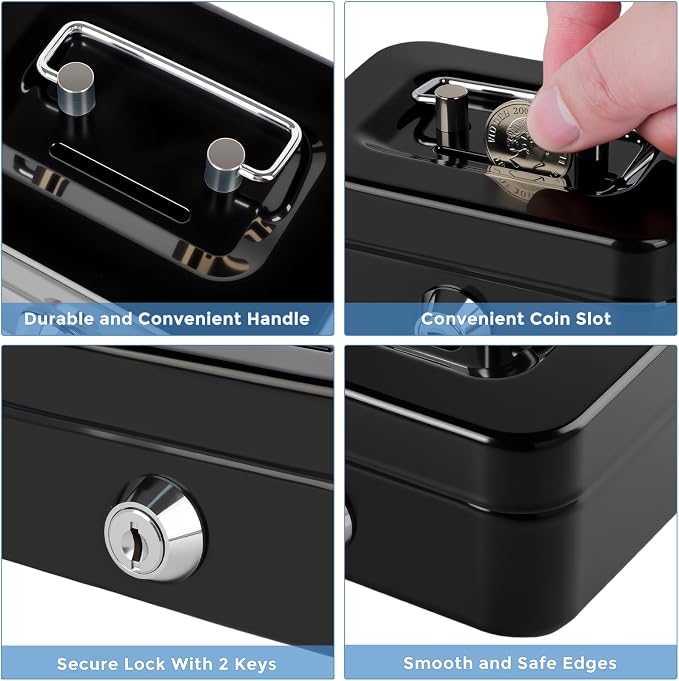 Cash Box with Lock Small Cute Lock Box with Money Slot Mini Portable Casino Safe Coin Box 4.5"x3.4"x2.4" Black - Image 6