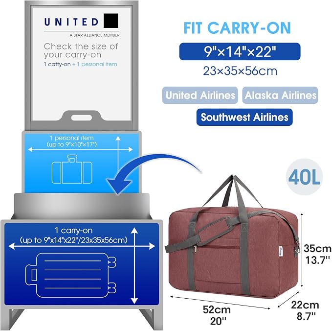 For United Airlines Foldable Carry on Bag 22x14x9 Travel Duffel Bag Packable luggage Duffle for Women and Men 40L (Jujube Red) - Image 2