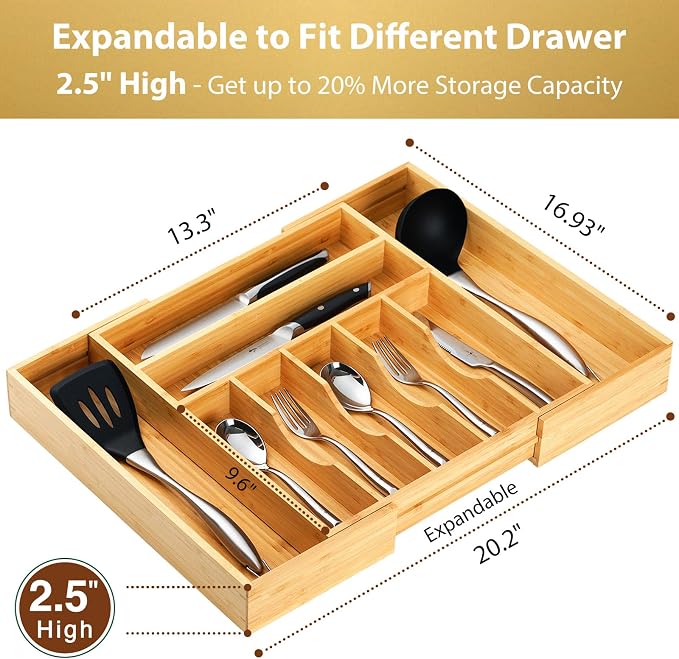Large Expandable Kitchen Silverware Utensils Drawer Organizer, 2.5" Extra High Adjustable Drawer Divider with Curved Grooves, Bamboo Wood Cutlery Tray Flatware Holder - Image 2