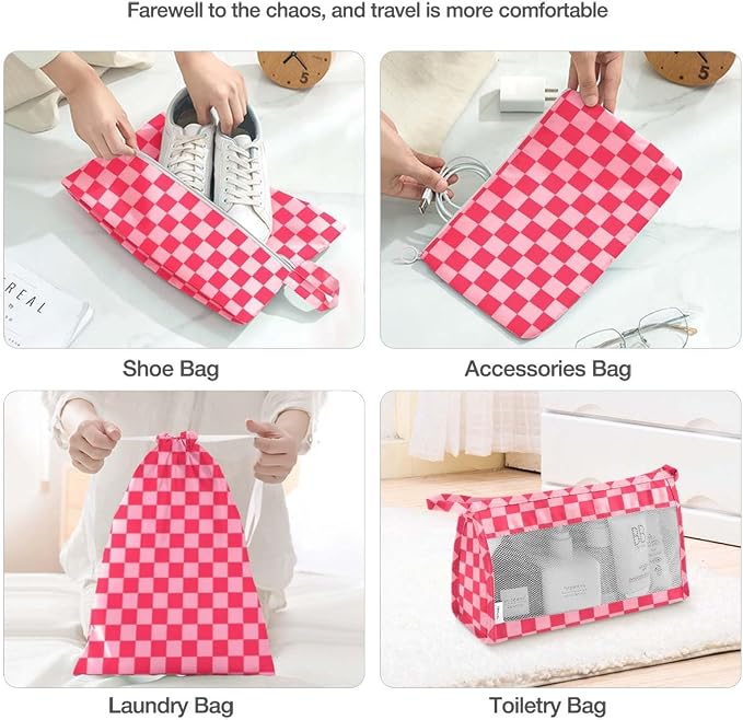 8 Set Packing Cubes for Suitcases,Packing Cube with Shoe,Cosmetics,Clothing, and Accessories Bags Packing Cubes for Travel Luggage Organizer Women Men(Rose Checkered) - Image 5