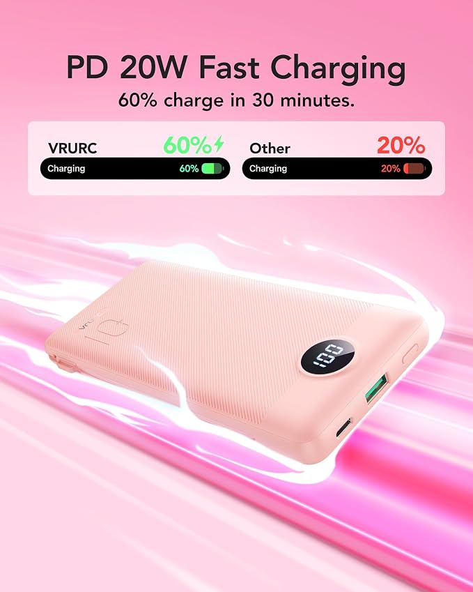 VRURC 22.5W Portable Charger 10000mAh Fast Charging with Built-in AC Plug | powe bank battery pack, travel essentials for women,USB C cable, Ultra Slim,pocket size Pink - Image 3