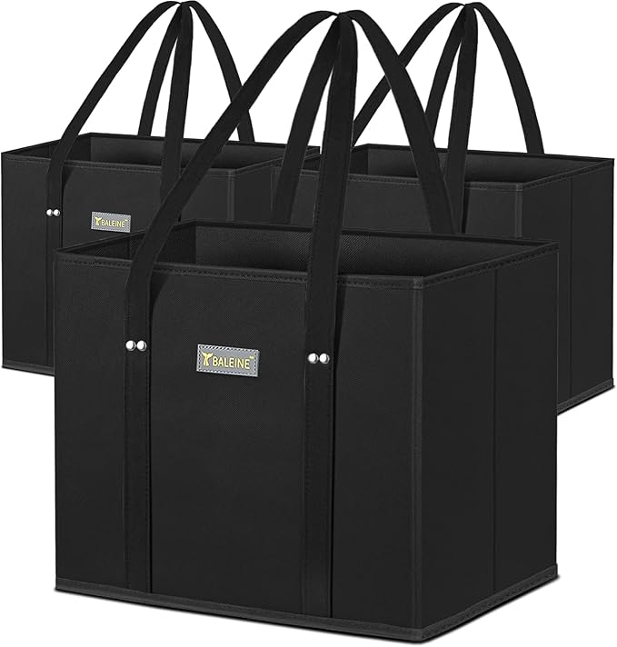 BALEINE 3PK Reusable Grocery Bags, Heavy Duty Shopping Tote Bag | 12'' Long Handles, Reinforced Bottom Keeps Upright, Fold Flat Storage, Water-Resistant Shopping Bag, Multiple Color Options by BALEINE