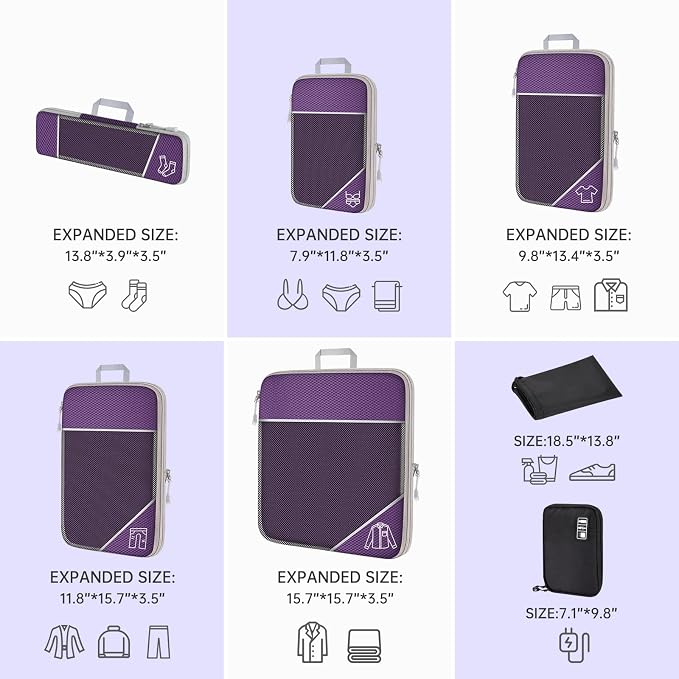 NiHome 7PCS Compression Packing Cube Set Expandable Mesh Travel Bag Luggage Organizers with Electronic Cable Cord Charger Organizer Drawstring Bag for Trip Home Storage Travel Gear Accessories - Image 4