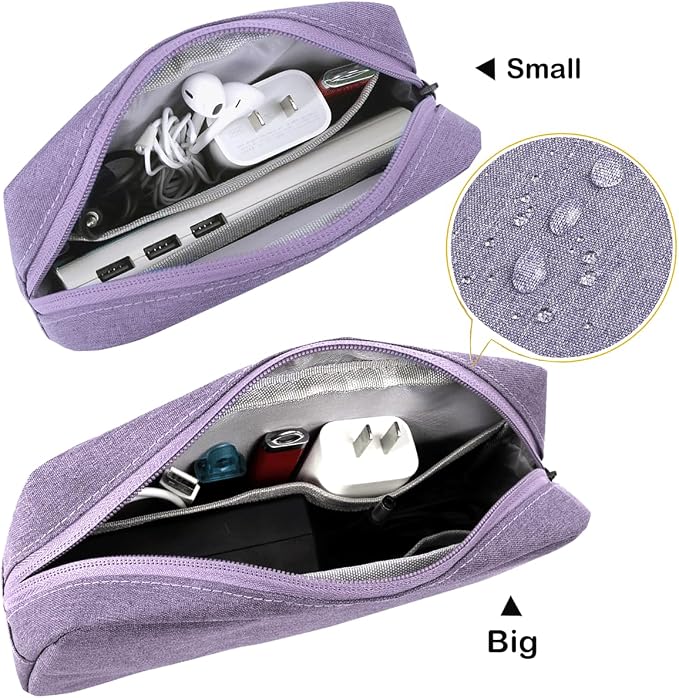 CAAORDKSO Small Cable Organizer Bag, Charger Organizer Case Pouch Travel Bag, Waterproof Electronics Accessories Case for USB, Cable, Cord, Charger, Phone, Power Bank, Earphone (Small-Purple) - Image 3