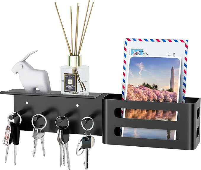 MKO Key Holder Wall Mount, Adhesive Key Hanger with 4 Hooks for Wall, Black | Metal Material, Key Rack with Shelf, Wall Mount, Mail Organizer Tray, Suitable for Entryway, Hallway, Living Room by MKO